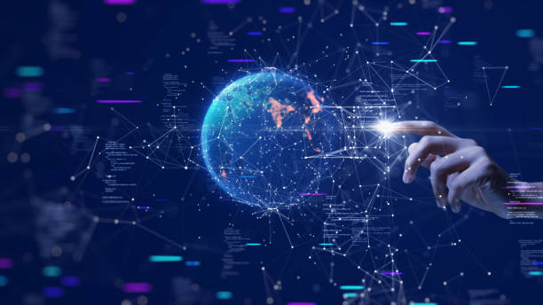istock Digital cyber era technology concept. Human hand touching interconnected polygons of massive amounts of data glowing on a dark blue background. New innovations that are coming to change the world. 1483771305