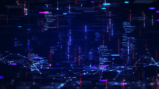 Digital information technology concept. Cybersecurity and protection system from online crime threats. Data Analytics or Data Science. Binary code polygons connected on dark blue background.