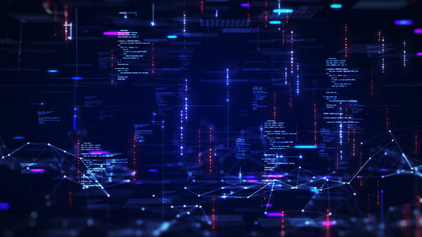Digital information technology concept. Cybersecurity and protection system from online crime threats. Data Analytics or Data Science. Binary code polygons connected on dark blue background. stock photo