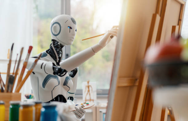 AI robot painting in the art studio Humanoid AI robot painting a still life composition on canvas in the art studio art stock pictures, royalty-free photos & images