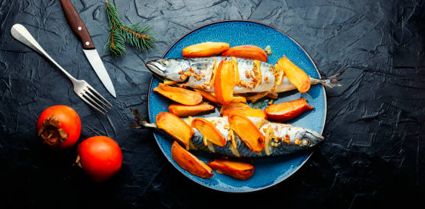 istock Mackerel fish roasted with fruits. 1483776212
