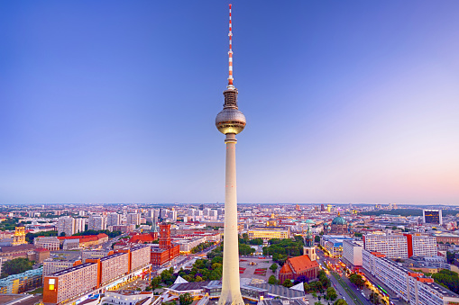 Berlin skyline with Television Tower (Fernsehturm) at sunset, Germany