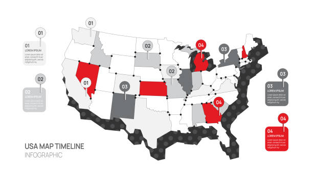 ビジネス用のインフォグラフィックマップ。4ステップのモダンなボーダー。エレメントusaマップインフォグラフィック図、プレゼンテーションベクター画像。 - usa business success earth点のイラスト素材／クリップアート素材／マンガ素材／アイコン素材