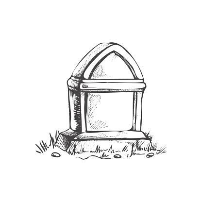 Old hand drawn murble stone tombstone. Rest in peace vector drawing illustration for funeral service, card or last farewell card. Sketch of grave or cemetery, resting place