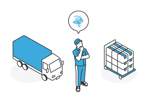 illustrazioni stock, clip art, cartoni animati e icone di tendenza di trasportatori preoccupati per il problema del 2024 - delivery van distribution warehouse vector shipping