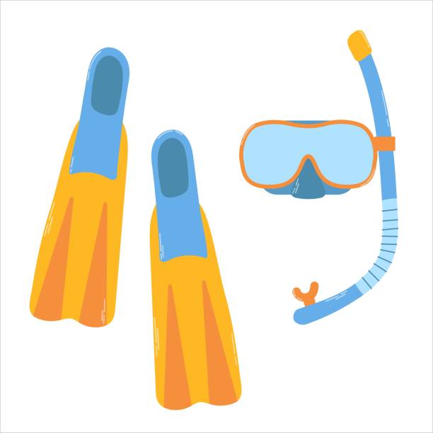 diving mask and fins Isolated diving mask with fins in flat style on white background. Vector colorful illustration for decoration. Summer recreation cartoon of a swimming goggles stock illustrations
