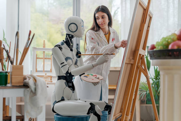 istock Woman teaching art to a robot 1483785070