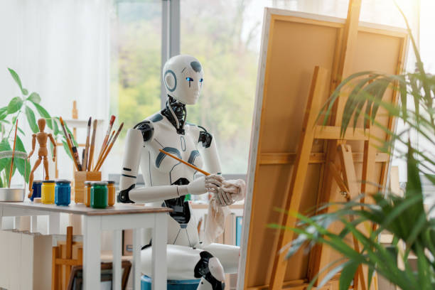 istock Humanoid AI robot painting on canvas 1483785901