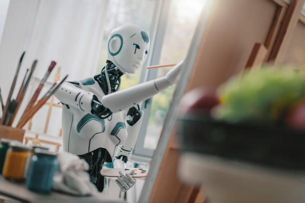 istock AI robot painting in the art studio like a human being. 1483785954