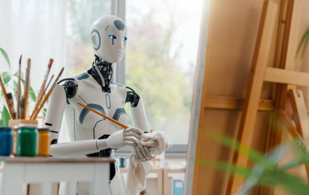istock Humanoid AI robot painting on canvas 1483785996