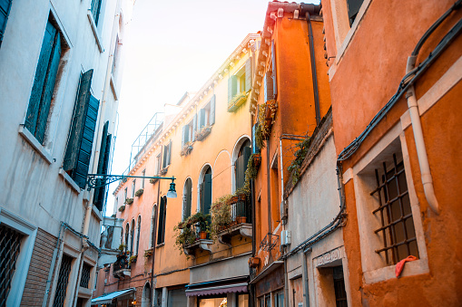 Close up of old building facades in Venice, Italy