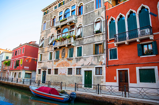 Venice Grand canal with gondolas and Rialto Bridge, Italy in summer bright day. Beauty world