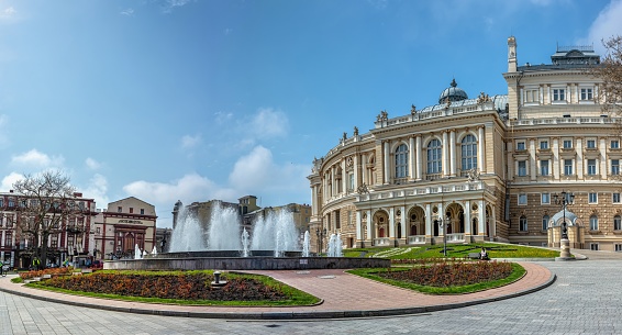 Odessa, Ukraine 15.04.2023. Fountain on the Theater Square in Odessa, Ukraine, on a sunny spring day