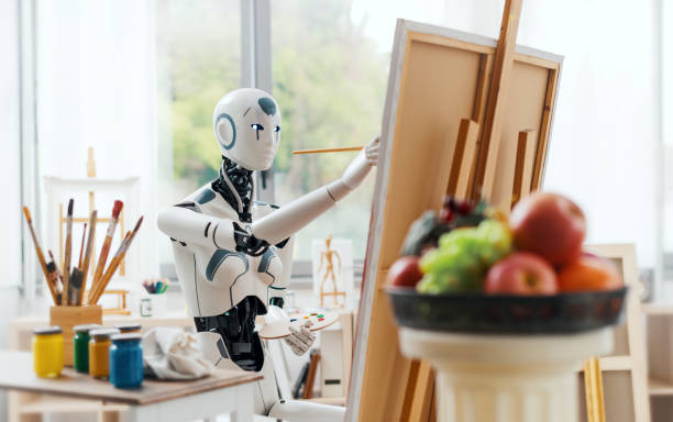 istock AI robot painting in the art studio like a human being. 1483786654