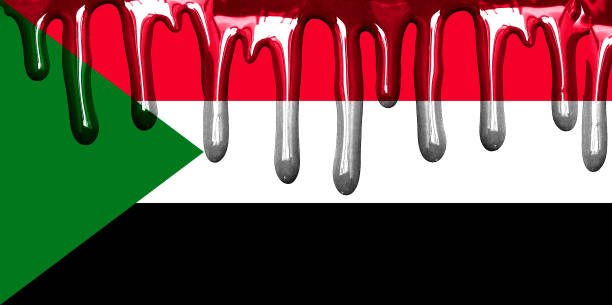 Double exposure of Sudan flag. Symbols depicting the Civil War. The civil war between Sudanese government forces and the paramilitary doble exposición de la bandera de sudán. símbolos que representan la guerra civil. la guerra civil entre las fuerzas gubernamentales sudanesas y las