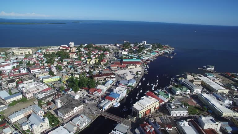 Belize City and Downtown. Caribbean Country. Drone Point of View. Beautiful Skyline.