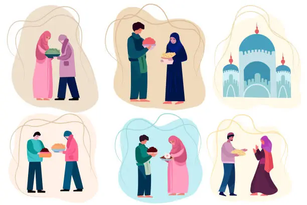 Vector illustration of Celebrating Together, A Joyful Muslim Community. A devout Muslims exchanging presents, extending congratulations to one another and pray namaz or salah. Great for cards, posters, banner. Vector.