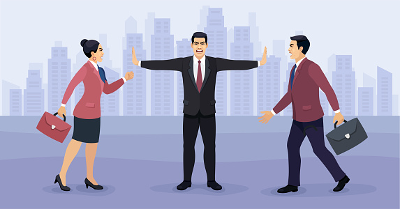 Mediator. Confrontation in Business. Website Landing Page. Man and Woman Arguing. Colleague Trying to Stop Aggressive Coworkers. Web Page Banner.