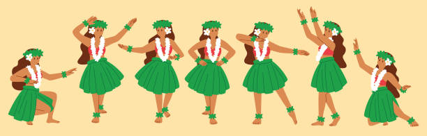 さまざまなフラダンスポーズの女性のイラストセット - hula dancing点のイラスト素材／クリップアート素材／マンガ素材／アイコン素材