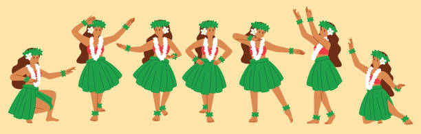 Illustration set of women in various hula dance poses Illustration set of women in various hula dance poses hula dancer stock illustrations