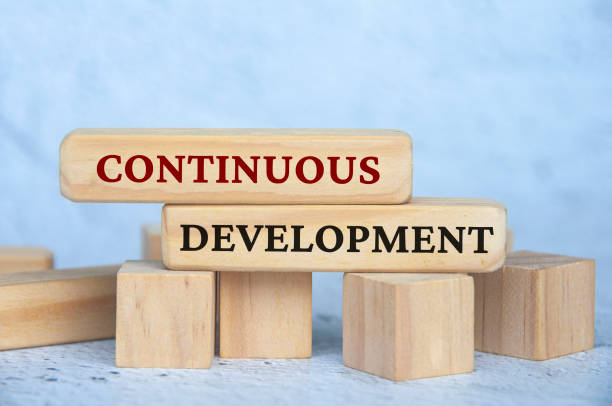 istock Continuous development text on wooden blocks with blur cover background. Business and Operational excellence concept 1483791757