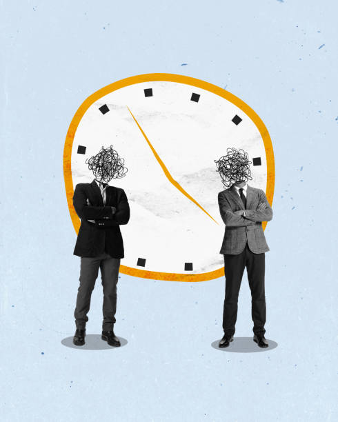Tangled thoughts. Office workers in formal wear standing over clock. Professional deadlines, overworking and stress. Contemporary art collage.