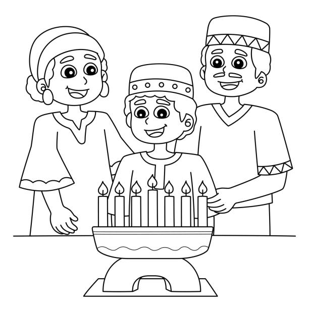 African American Family Coloring - Kwanzaa Family And Kinara Coloring Page For Kids 
