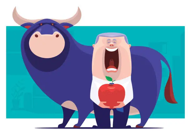 Vector illustration of businessman holding big apple beside bull