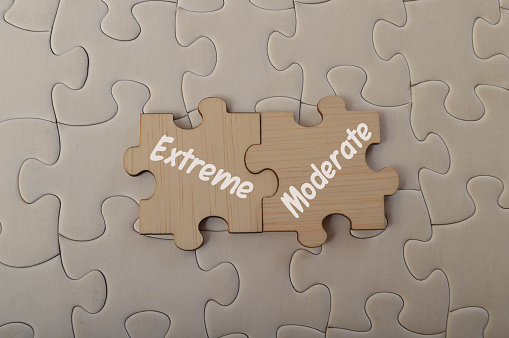 Wooden jigsaw puzzle with text EXTREME and MODERATE.