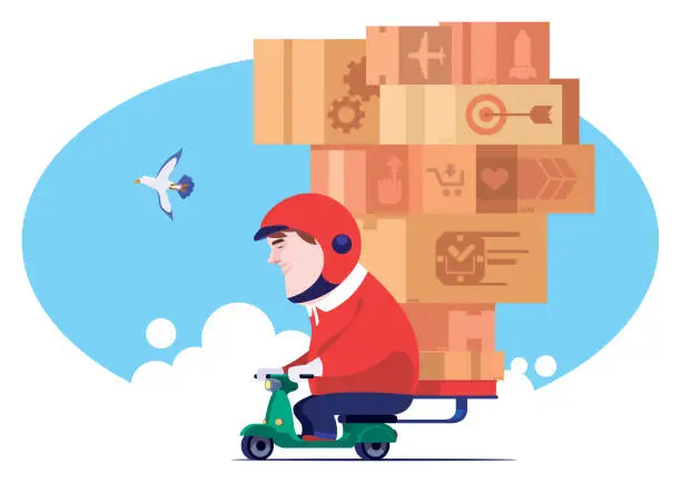 Vector illustration of courier on scooter carrying stack of cartons