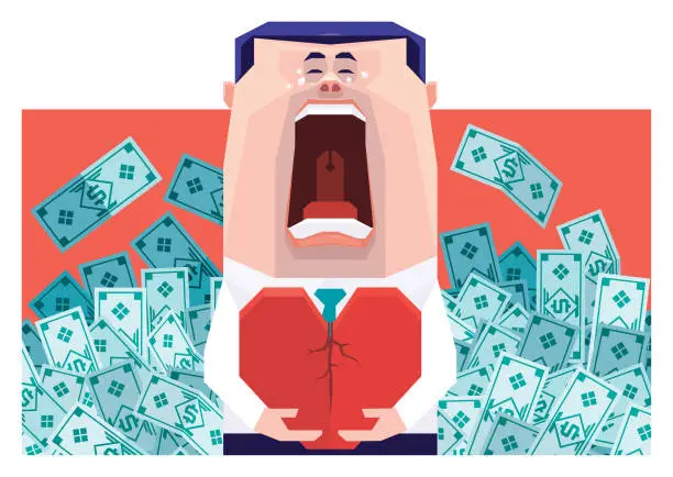 Vector illustration of businessman holding broken heart and crying with heap of banknotes background