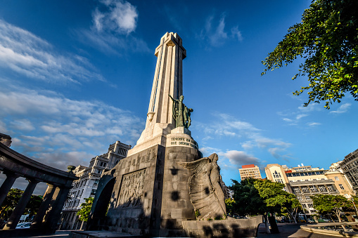 Grenoble, France - august 12, 2018. Closeup view of Fountain of Three Orders with statues. Landmark depicting Liberty, Equality, Brotherhood and Justice as symbols of French revolution and Republic.