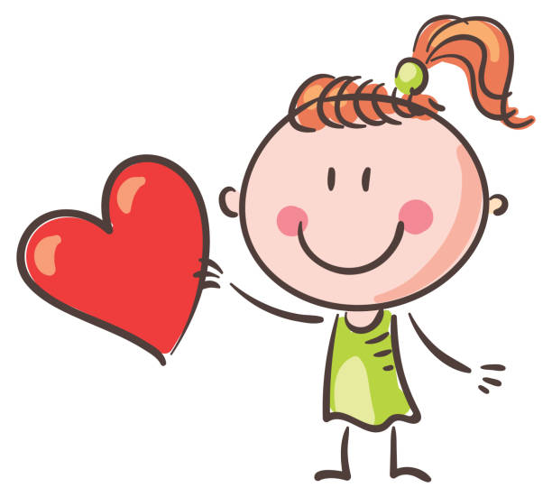 Cartoon smiling girl holding heart, valentine day clipart, happy kid vector illustration vector art illustration