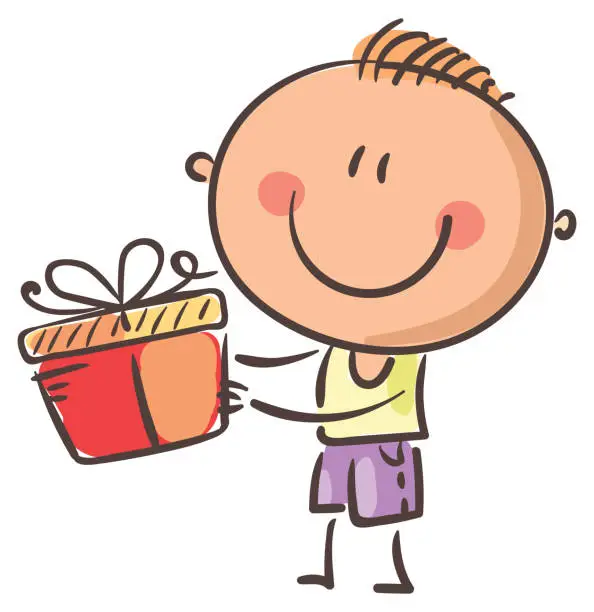 Vector illustration of Cartoon smiling boy holding present, birthday clipart, happy kid vector illustration