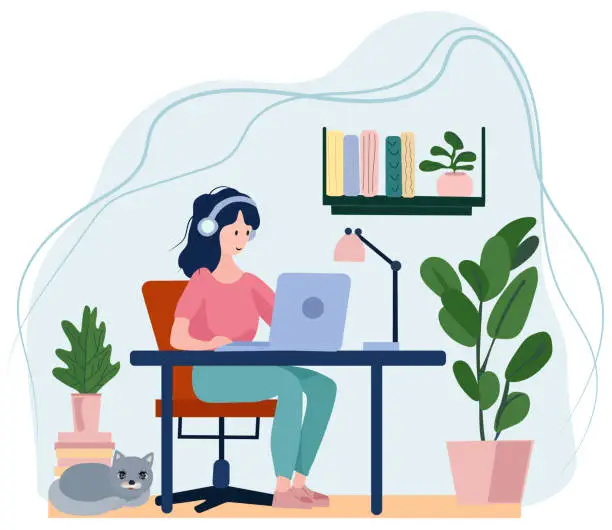Vector illustration of A depiction of the home office theme, with a woman engaged in remote work, pursuing academic tasks, or undertaking freelance projects. Charming flat style vector illustration