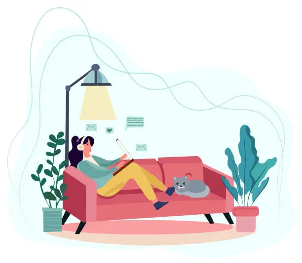 Vector illustration of A depiction of the home office theme, with a woman engaged in remote work, pursuing academic tasks, or undertaking freelance projects. Charming flat style vector illustration