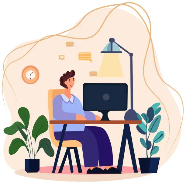 Vector illustration of A depiction of the home office theme, featuring a man working remotely, engaging in studies or freelancing activities. Adorable vector illustration in a flat design style