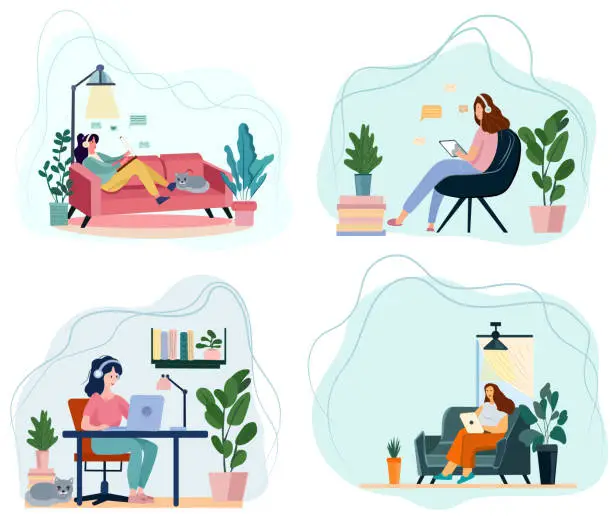 Vector illustration of A depiction of the home office theme, with a woman engaged in remote work, pursuing academic tasks, or undertaking freelance projects. Charming flat style vector illustration