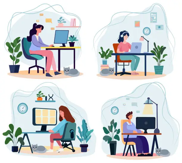 Vector illustration of A depiction of the home office theme, featuring a man and women working remotely, engaging in studies or freelancing activities. Adorable vector illustration in a flat design style