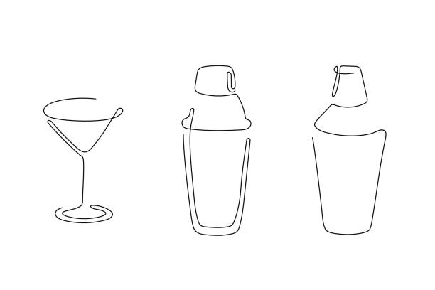 cocktail-shaker mit martini-glas-strichzeichnungen - salatsieb stock-grafiken, -clipart, -cartoons und -symbole