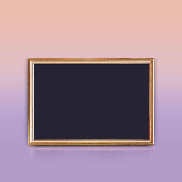 front view black paper on gold rectangle frame on gradient pink and purple wall background, object, decor, fashion, gift, photo, banner, template, copy space
