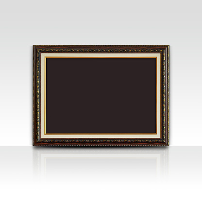 brown paper on brown and gold rectangle frame on grey wall background, object, decor, fashion, gift, photo, banner, template, copy space