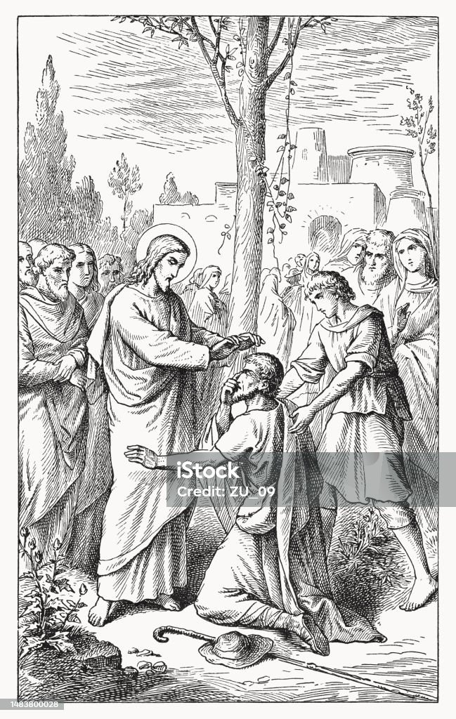 Jesus Heals The Blind Man Woodcut Published 1898 Stock Illustration
