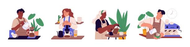 baristas-set. profis kochen kaffee in der café-bar. männer, arbeiterinnen mit tassen, die cappuccino, filter, espresso zubereiten, milch einschenken. flache grafische vektorillustrationen isoliert auf weißem hintergrund - women young women white background eastern europe stock-grafiken, -clipart, -cartoons und -symbole
