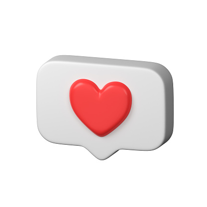 Speech Bubble With Red Heart On White. Symbol Of Like, Love. Modern Realistic 3d Design. Social Media Icon. 3d Render Isolated On White Background.