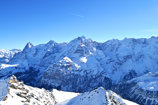Mountain Schilthorn Eiger Monch Jungfrau, Switzerland. Snowy mountain peaks of the Alps