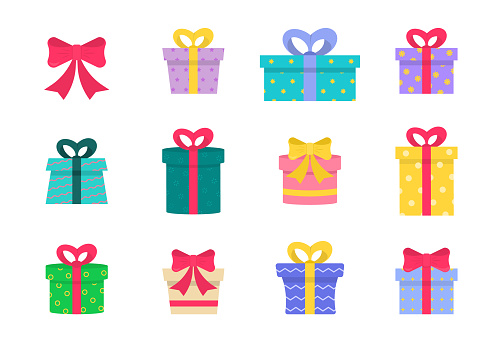 Set of colored gift boxes with ribbon. Colorful wrapped. Gift boxes different shapes and sizes. Collection for birthday, Christmas. Sale, shopping concept. Vector illustration