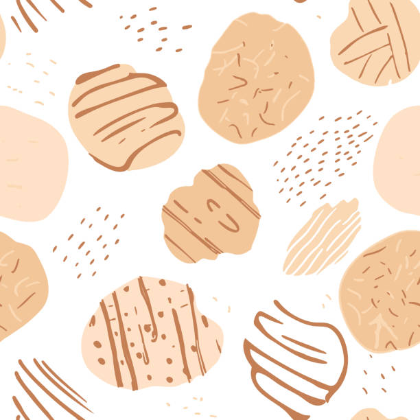 ilustraciones, imágenes clip art, dibujos animados e iconos de stock de cookies patrón sin costuras en colores sutiles. fondo de pastelería. textura de galletas dulces - backgrounds brown close up cooking