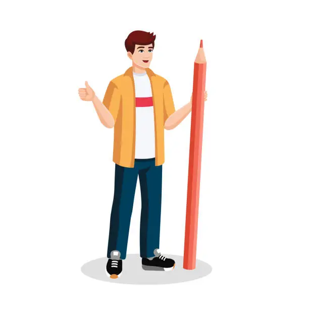 Vector illustration of Flat student standing with pencil. Boy with huge pencil showing thumb up. Cartoon character. Vector illustration