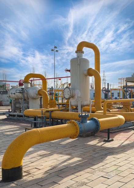 A station for collecting natural gas produced by gas wells stock photo